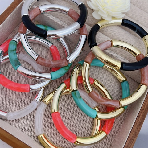 Bohemian Resin Bamboo Style Elastic Bracelet For Women Marble Texture Metal Tube Stretch Bangle Fashion Daily Jewelry Gift