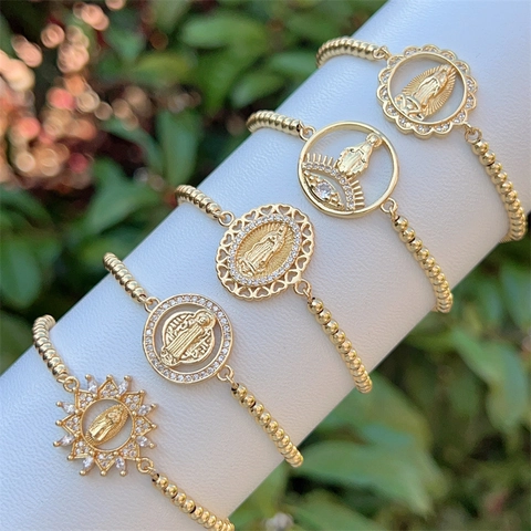Elegant 18K Gold Plated Copper Beads Bracelet For Women Religious Our Lady Of Guadalupe San Benito Virgin Mary Evil Eye Pendant Zirconia Inlaid Daily Jewelry