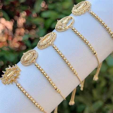 Elegant 18K Gold Plated Copper Beads Bracelet For Women Religious Our Lady Of Guadalupe San Benito Virgin Mary Evil Eye Pendant Zirconia Inlaid Daily Jewelry
