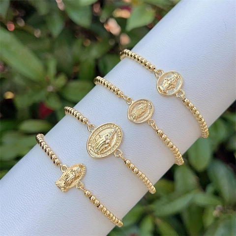 Elegantes 18K Vergoldetes Kupfer Religiöses Jungfrau Maria Perlenarmband Für Damen Wunderbare Medaille Anhänger Schmuck