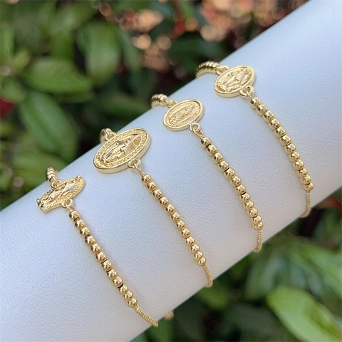 Elegantes 18K Vergoldetes Kupfer Religiöses Jungfrau Maria Perlenarmband Für Damen Wunderbare Medaille Anhänger Schmuck