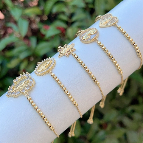 Elegantes 18K Vergoldetes Kupfer Jungfrau Maria Zirkonia Armband Für Damen Religiös Herz Rund Stern Anhänger Perlen Schmuck