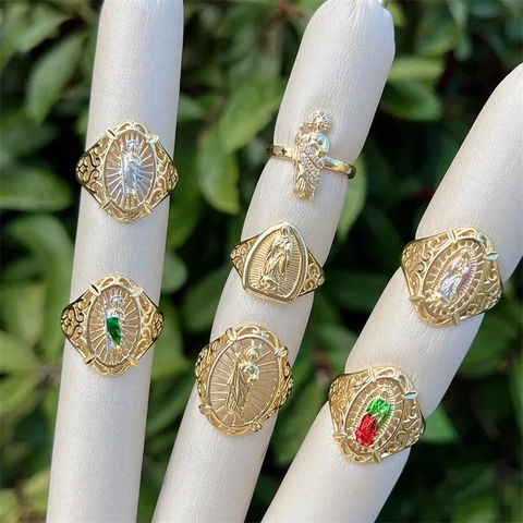 Anelli Religiosi in Rame Placcati Oro 18K Per Uomo Vintage San Giuda Vergine Maria Gioielli Cattolici Con Intarsi in Strass