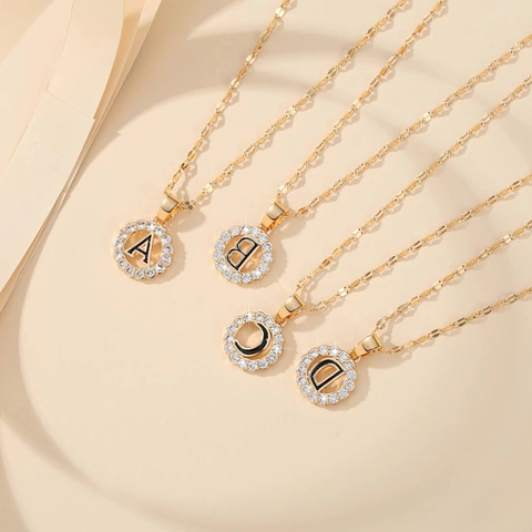 Initial Letter Pendant Necklace Gold Plated Copper Round Circle Zirconia Inlaid Clavicle Chain Hip Hop Jewelry For Women Gift