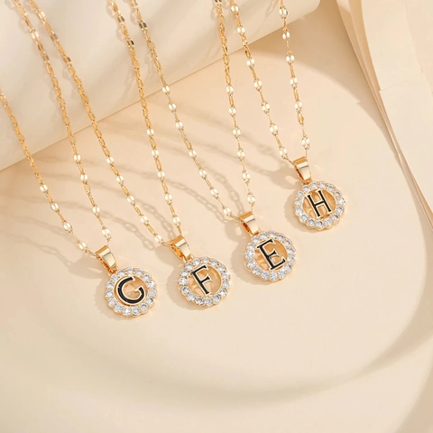 Initial Letter Pendant Necklace Gold Plated Copper Round Circle Zirconia Inlaid Clavicle Chain Hip Hop Jewelry For Women Gift