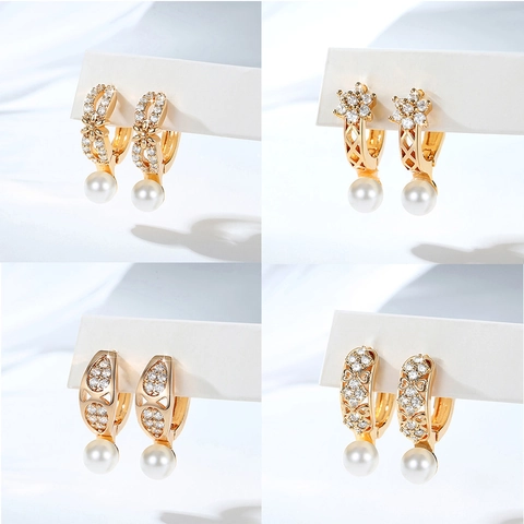 Vintage Copper Gold Plated Hoop Earrings With Artificial Pearl And Rhinestone Flower Heart Pattern For Women Jewelry