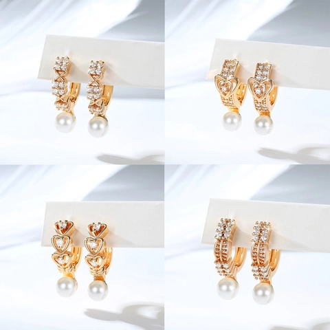 Vintage Copper Gold Plated Hoop Earrings With Artificial Pearl And Rhinestone Flower Heart Pattern For Women Jewelry