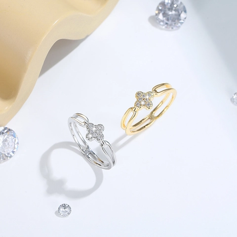 14K Gold Plated Brass Zircon Clover Ring Elegant Hollow Double Line Adjustable Fashion Jewelry Ring For Women Party Gift
