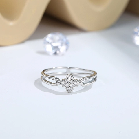 14K Gold Plated Brass Zircon Clover Ring Elegant Hollow Double Line Adjustable Fashion Jewelry Ring For Women Party Gift