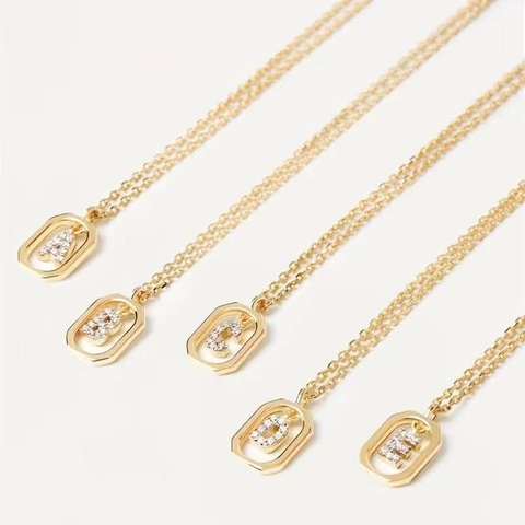 Copper Gold Plated Initial Letter Pendant Necklace Octagon Frame Rhinestone Dainty Clavicle Chain Jewelry For Women Men