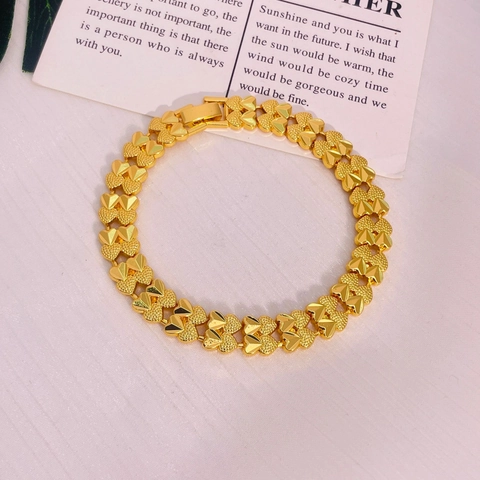 Vintage 24K Gold Plated Copper Heart Flower Linked Bracelet For Women Retro Fashion Matte Jewelry Anniversary Gift