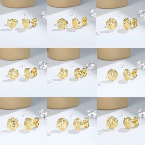 Minimalist Brass Gold Plated Stud Earrings For Women Heart Flower Round Engraved Star Pattern Frosted Fashion Jewelry Accessories