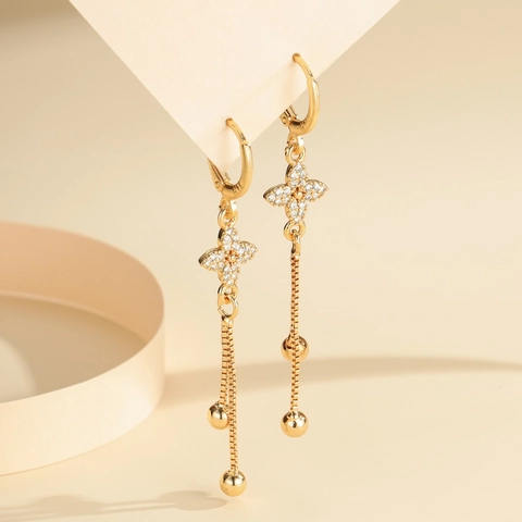 Exquisitos Pendientes Colgantes de Borla de Trébol de Cuatro Hojas y Flor de Circón para Mujer Chapados en Oro y Plata