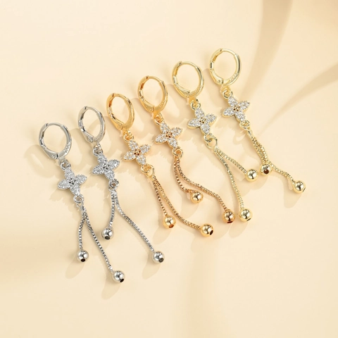 Exquisitos Pendientes Colgantes de Borla de Trébol de Cuatro Hojas y Flor de Circón para Mujer Chapados en Oro y Plata