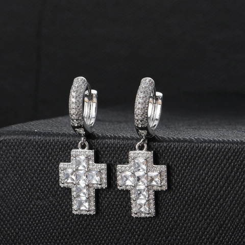 Orecchini a Cerchio Uomo Hip Hop Croce Rame Intarsio Zirconia Argento Strass Orecchini Pendenti Croce Gioielli Streetwear