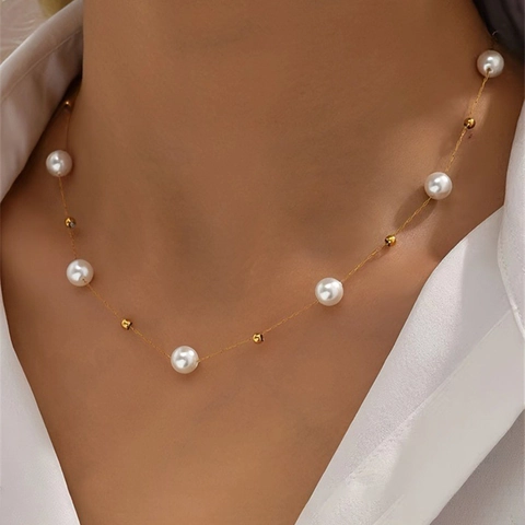 Stainless Steel Artificial Pearl Necklace For Women Modern Beach Style Golden Metal Bead Beaded Jewelry Chain Necklace