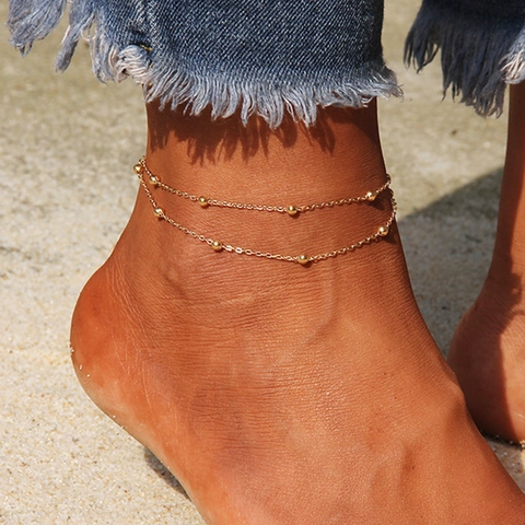 Boho Zweilagige Edelstahl Perlenkette Fußkettchen Für Damen Vergoldet Sommer Strand Fußschmuck Verstellbar Geschenk