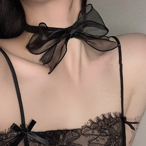Damen Schwarz Organza Schleife Choker Halskette Vintage Samtband Halskette Gold Legierung Verschluss Party Schmuck
