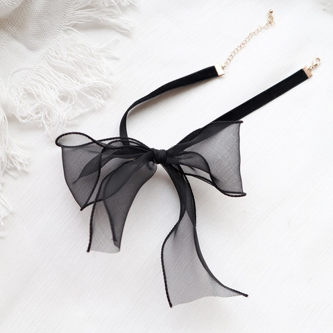 Damen Schwarz Organza Schleife Choker Halskette Vintage Samtband Halskette Gold Legierung Verschluss Party Schmuck