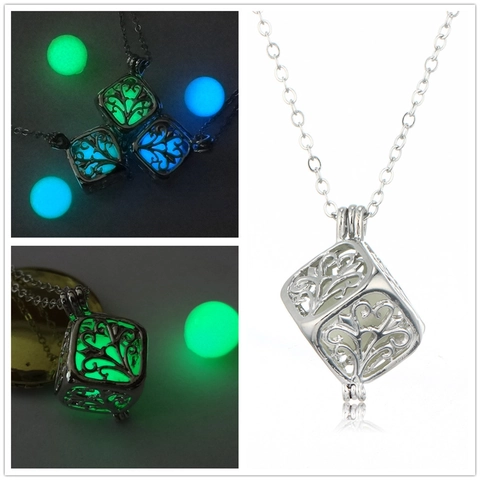Luminous Tree of Life Hollow Cube Pendant Necklace Vintage Glow in the Dark Square Box Locket Alloy Jewelry for Women Gift