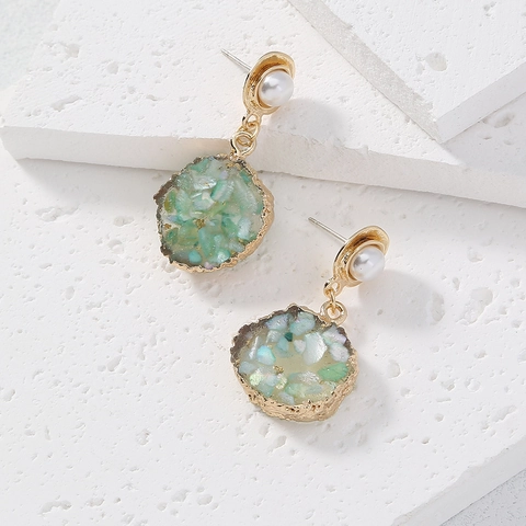 Vintage Geometrische Legering Groen Imitatiesteen Oorknopjes Met Kunstparelimitatie Hars Vergulde Oorbellen Voor Dames