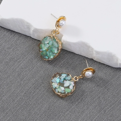 Vintage Geometrische Legering Groen Imitatiesteen Oorknopjes Met Kunstparelimitatie Hars Vergulde Oorbellen Voor Dames