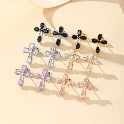 Pendientes de Botón de Cruz de Cobre de Moda para Mujer Chapados en Oro Plata Chic Elegante con Incrustaciones de Circón Joyería de Oreja Religiosa