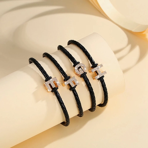 Fashion Braided Cowhide Leather Bracelet For Women Men Gold Plated Copper Rhinestone Initial Letter A-Z Jewelry Gift