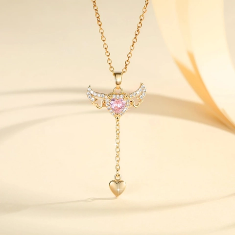 Angel Wings Cupid Heart Pendant Necklace Copper Rhinestone Romantic Pink Gem Jewelry Birthday Gift For Women Girl