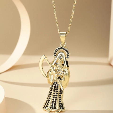 14K Gold Plated Copper Santa Muerte Grim Reaper Pendant Necklace With AAA Zircon Hip Hop Gothic Jewelry For Men Women