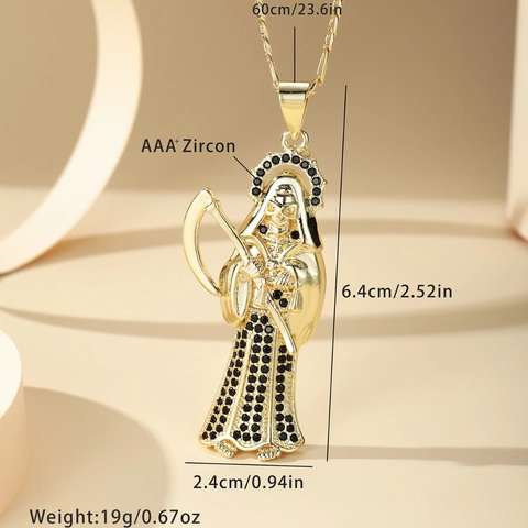 14K Gold Plated Copper Santa Muerte Grim Reaper Pendant Necklace With AAA Zircon Hip Hop Gothic Jewelry For Men Women