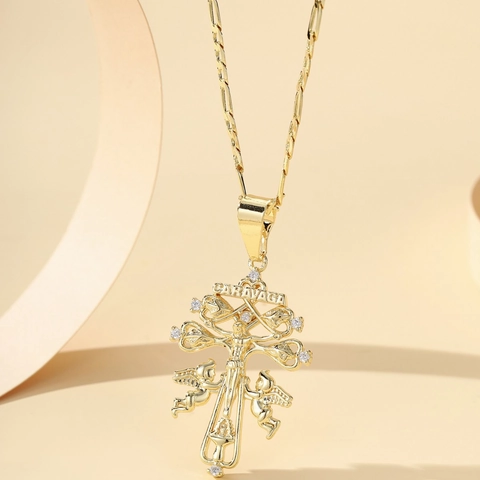 Copper Gold Plated Caravaca Cross Pendant Necklace With AAA Zircon Angel Jesus Figaro Chain Hip Hop Religious Jewelry