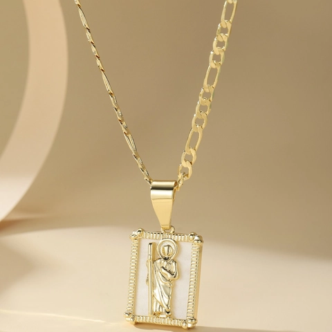 14K Gold Plated Copper Religious Pendant Necklace San Judas Tadeo Rectangular Plate Fashion Vintage Jewelry For Women
