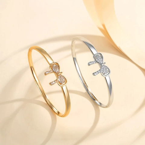 Brass Gold Plated Bowknot Bangle Bracelet For Women Rhinestone Inlaid Minimalist Sweet Fashion Jewelry Hand Cuff Accessory Gift