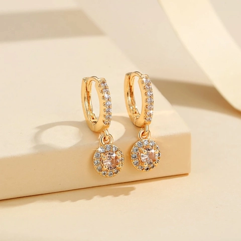 Luxe Koper Vergulde Druppel Oorbellen Voor Vrouwen Pave Strass Ronde Hanger Elegante Mode Sieraden Cadeau