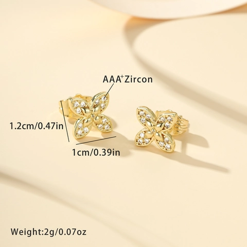 Elegant Copper Flower Stud Earrings For Women Shiny Rhinestone Inlaid Four-Petal Floral Earring Light Luxury Jewelry Gift