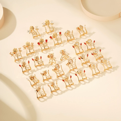 Elegant Copper Plated Gold Stud Earrings For Women Colorful Zirconia Inlaid Flower Butterfly Geometric Design Fashion Jewelry Gift