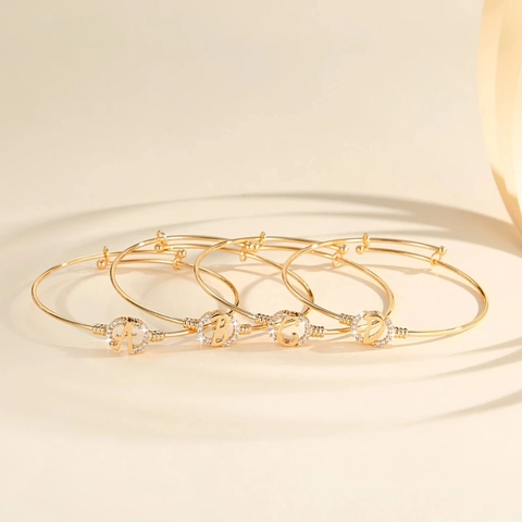 Fashion Gold Plated Copper 26 Alphabet Initial Letter Rhinestone Bangle For Women Adjustable Open Cuff Bracelet Jewelry