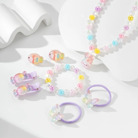 Kinder Schmuck Cartoon Hase Anhänger Perlen Halskette Armband Macaron Farbe Künstliche Perle Haarspangen Haargummis Mädchen Geburtstag Geschenk