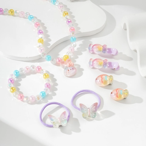 Kinder Schmuck Cartoon Hase Anhänger Perlen Halskette Armband Macaron Farbe Künstliche Perle Haarspangen Haargummis Mädchen Geburtstag Geschenk