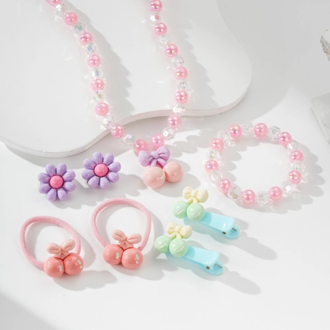 Kinder Harz Kirsch Anhänger Perlen Schmuck Set Halskette Armband Haarklammern Haargummis Süße Blumen Accessoires Für Mädchen