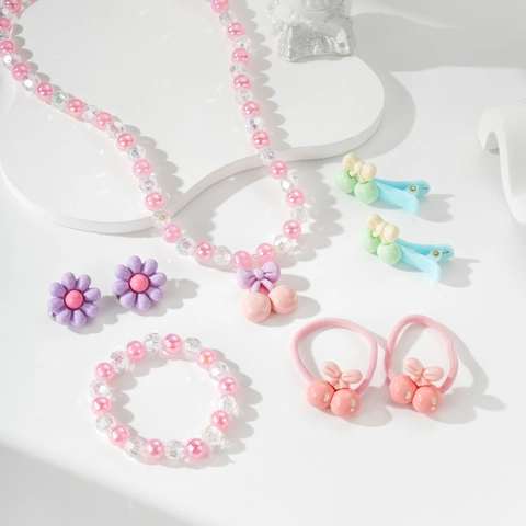 Kinder Harz Kirsch Anhänger Perlen Schmuck Set Halskette Armband Haarklammern Haargummis Süße Blumen Accessoires Für Mädchen