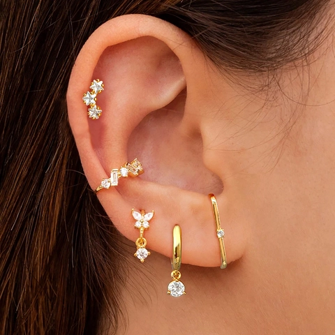 5 Stück Kupfer Strass Ohrring Set Für Damen Mode Schmetterling Stern Ohrmanschette Knorpel Clip Gold Silber Vergoldet Schmuck Geschenk