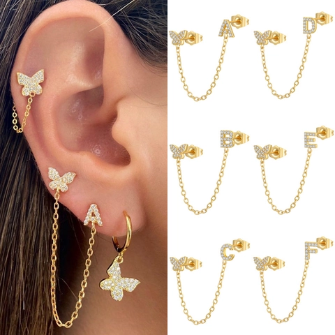 Zirconia Butterfly Alphabet Linked Chain Stud Earrings Copper Gold Plated Asymmetric Earring For Women Fashion Jewelry