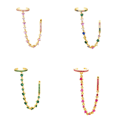 Vergoldete Kupfer Zirkonia Integrierte Ohrmanschette Kette Ohrringe Für Damen Bunte Quasten Personalisierte Schmuck Ohrhaken