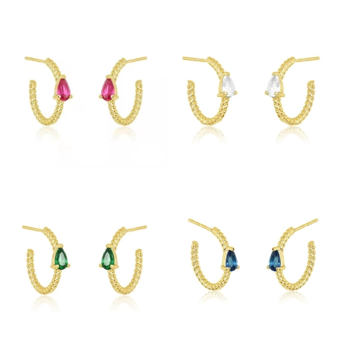 Boucles d'Oreilles Clous de Luxe en Laiton et Zirconia pour Femmes Corde Torsadée Forme de C Plaqué Or Argent Goutte d'Eau