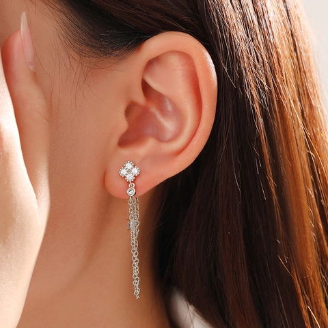 Luxe Messing Zirconia Klavertje Vier Lange Kwastje Hangoorbellen Voor Dames 24K Verguld Elegante Bruiloft Sieraden