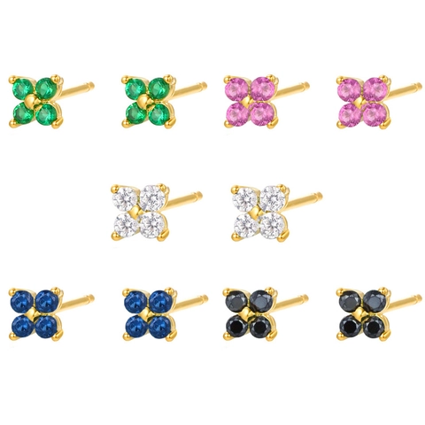 Elegant Brass Flower Stud Earrings With AAA Cubic Zirconia For Women Small Four Petal Clover Gold Silver Plated Jewelry