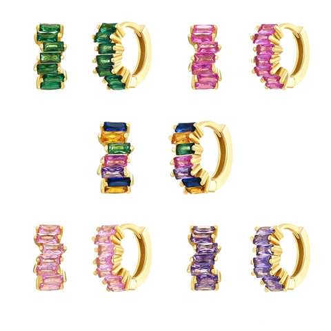 Luxury Brass Baguette Zirconia Hoop Earrings For Women 24K Gold Plated 925 Sterling Silver Post Geometric Party Jewelry