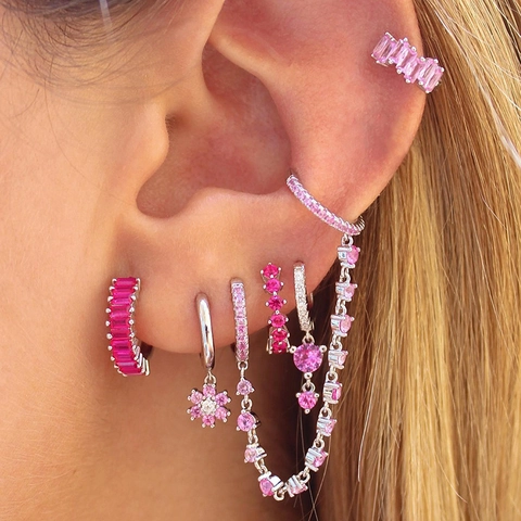 Luxe Messing AAA Zirkonia Creolen En Oorbot Clips Voor Vrouwen 24K Verguld Roze Bloemen Stapelen Sieraden